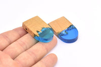 Resin&Wood D Shape Pendant, 1 Blue Brown D Shape Pendant with 2 Holes, Earrings (37x22.5x6.5mm) X086