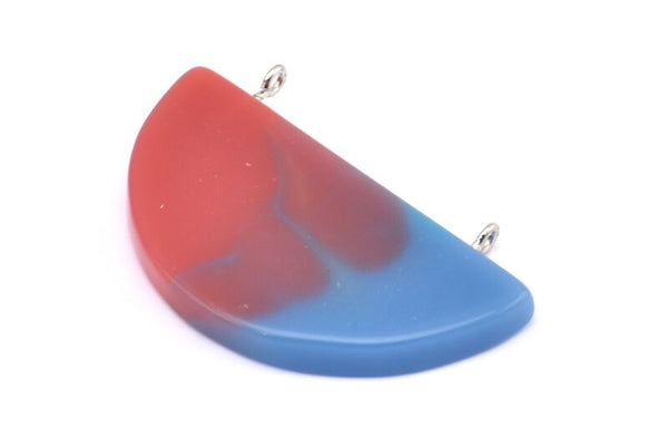 Resin Half Moon Pendant, 1 Blue Red Geometric Pendant with 2 Loops, Earrings (50x27x5mm) X098