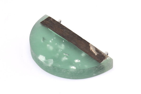 Resin&Wood Half Moon Pendant, 1 Green Half Moon Pendant with 2 Loops, Earrings  (54x30x8mm) X083