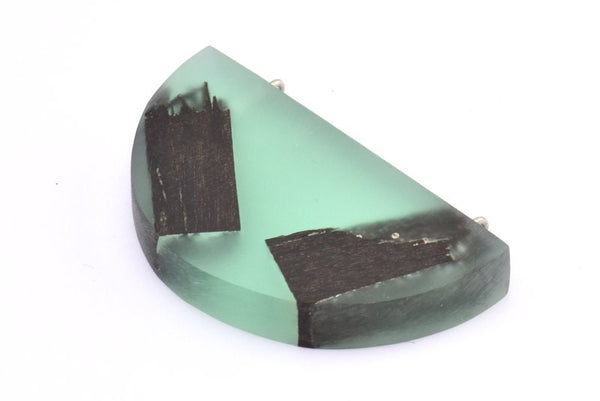 Resin&Wood Half Moon Pendant, 1 Green Half Moon Pendant with 2 Loops, Earrings (54x30x8mm) X090