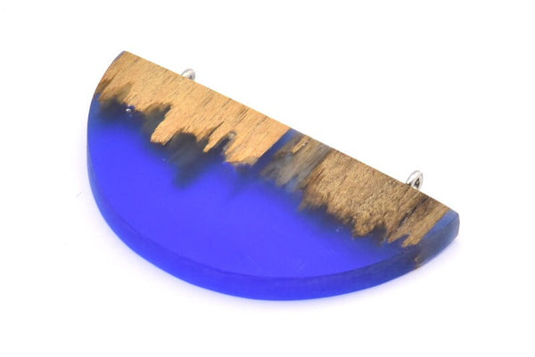 Resin&Wood Half Moon Pendant, 1 Blue Half Moon Pendant with 2 Loops, Earrings  (51x26x4.5mm) X101