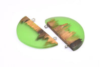Resin&Wood Half Moon Pendant, 1 Green Half Moon Pendant with 2 Loops, Earrings (50x25x4mm) X079