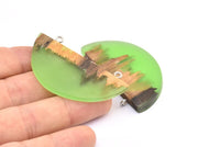 Resin&Wood Half Moon Pendant, 1 Green Half Moon Pendant with 2 Loops, Earrings (50x25x4mm) X079