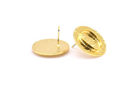 Gold Round Earring, 2 Gold Plated Brass Hammered Round Earring Posts With 1 Oval Pad, Findings (22mm) E296