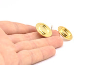 Gold Round Earring, 2 Gold Plated Brass Hammered Round Earring Posts With 1 Oval Pad, Findings (22mm) E296