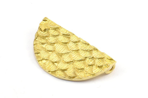 Brass Half Moon, 3 Raw Brass Fish Scale Textured Semi Circle Pendants With 2 Loops (31x17mm) E402