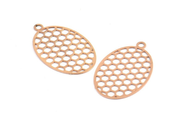 Rose Gold Oval Pendant, 12 Rose Gold Plated Brass Oval Honeycomb Pendants with 1 Loop, Necklace Findings (22x14mm) E025