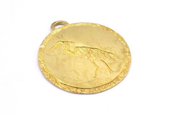 Brass Stork Charm, 2 Raw Brass Stork Textured Round Tag Charms With 1 Loop, Blanks (33x29.5x1.3mm) E229