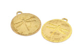 Brass Dragonfly Charm, 2 Raw Brass Dragonfly Textured Round Tag Charms With 1 Loop, Blanks (33.5x29.5x1.2mm) E230