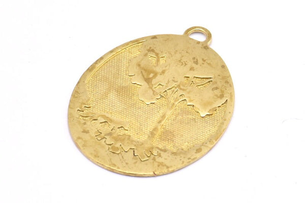 Wolf And Tree Charm, 1 Raw Brass Wolf And Tree Textured Oval Charms With 1 Loop, Blanks (44x33x1.2mm) E224