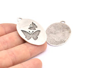 Silver Butterfly Charm, 1 Antique Silver Plated Brass Butterfly Textured Oval Charm With 1 Loop, Blanks (39x27x1.2mm) E223