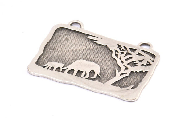 Gümüş Fil Tılsımı, 2 Halkalı, Boşluklu, Antik Gümüş Kaplamalı Pirinç Fil Dokulu Dikdörtgen Tılsım (43,5x27,5x1,3 mm) E233