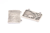 Gümüş Fil Tılsımı, 2 Halkalı, Boşluklu, Antik Gümüş Kaplamalı Pirinç Fil Dokulu Dikdörtgen Tılsım (43,5x27,5x1,3 mm) E233