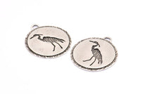 Silver Stork Charm, 2 Antique Silver Plated Brass Stork Textured Round Tag Charms With 1 Loop, Blanks (33x29.5x1.3mm) E229