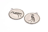 Silver Stork Charm, 2 Antique Silver Plated Brass Stork Textured Round Tag Charms With 1 Loop, Blanks (33x29.5x1.3mm) E229