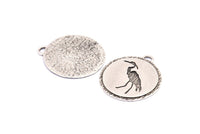 Silver Stork Charm, 2 Antique Silver Plated Brass Stork Textured Round Tag Charms With 1 Loop, Blanks (33x29.5x1.3mm) E229