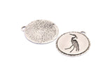 Silver Stork Charm, 2 Antique Silver Plated Brass Stork Textured Round Tag Charms With 1 Loop, Blanks (33x29.5x1.3mm) E229