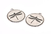 Silver Dragonfly Charm, 2 Antique Silver Plated Brass Dragonfly Textured Round Tag Charms With 1 Loop, Blanks (33.5x29.5x1.2mm) E230