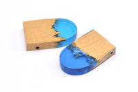 Resin&Wood D Shape Pendant, 1 Blue Brown D Shape Pendant with 2 Holes, Earrings (37x22.5x6.5mm) X086