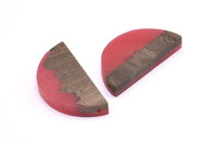 Resin&Wood Semicircle Pendant, 5 Red Black Half Moon Pendant with 2 Holes (32x15mm) D0521