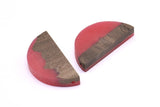 Resin&Wood Semicircle Pendant, 5 Red Black Half Moon Pendant with 2 Holes (32x15mm) D0521