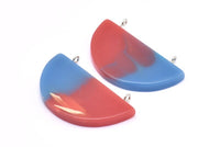 Resin Half Moon Pendant, 1 Blue Red Geometric Pendant with 2 Loops, Earrings (50x27x5mm) X098