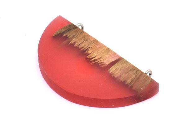 Resin&Wood Half Moon Pendant, 1 Red Half Moon Pendant with 2 Loops, Earrings  (50x25x4mm) X092