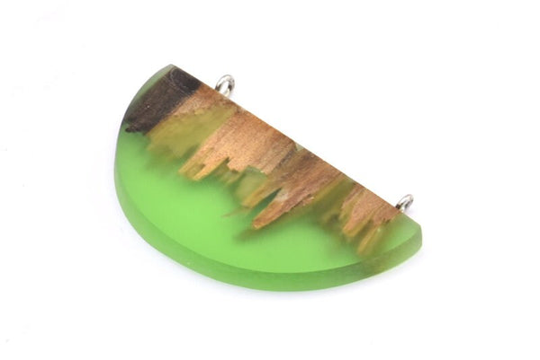 Resin&Wood Half Moon Pendant, 1 Green Half Moon Pendant with 2 Loops, Earrings (50x25x4mm) X079