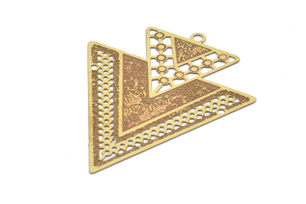 Brass Earring Charm ,10 Raw Brass Textured Triangle Motif Earring Charms Pendants With 1 Loop and 2 Holes , Findings (40x22mm) E461