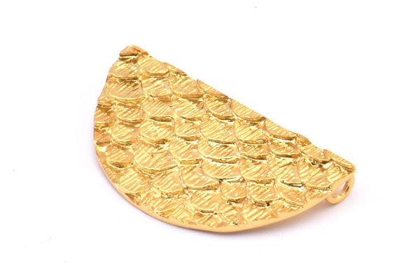 Altın Yarım Ay, 1 Altın Kaplama Pirinç Balık Pulu Dokulu Yarım Daire Kolye 2 Döngülü (33,5x18 mm) E403 Q0301