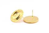 Gold Round Earring, 2 Gold Plated Brass Hammered Round Earring Posts With 1 Oval Pad, Findings (22mm) E296