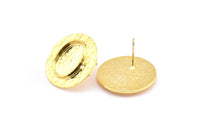 Gold Round Earring, 2 Gold Plated Brass Hammered Round Earring Posts With 1 Oval Pad, Findings (22mm) E296