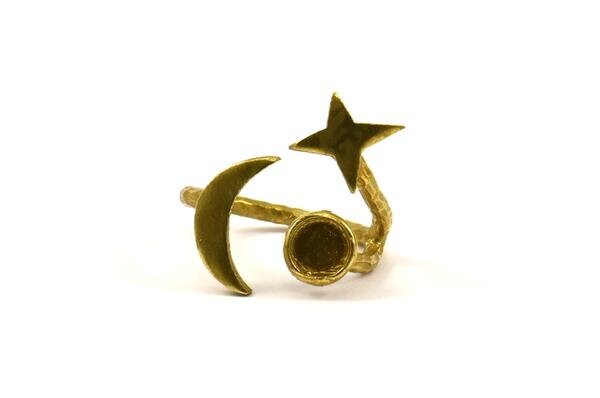 Hammered Universe Cosmos Ring, Hammered Raw Brass Moon, Star And Planet Rings N0359