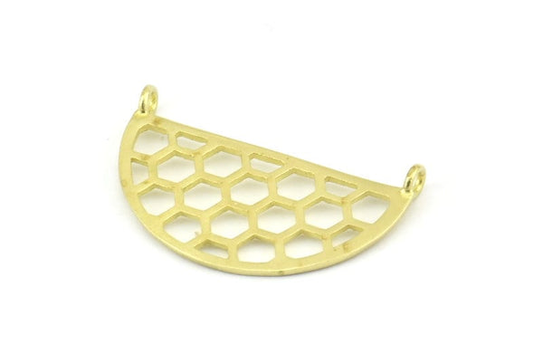 Brass Honeycomb Pendant, 6 Raw Brass Semi Circle Honeycomb Pendants With 2 Loops, Earrings, Charms (32x16x1mm) E662