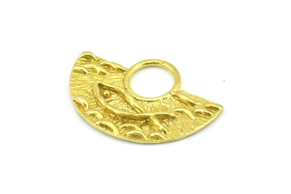Brass Ethnic Pendant, 4 Raw Brass Semi Circle Fish Figure Pendants (28x19x1mm) E670
