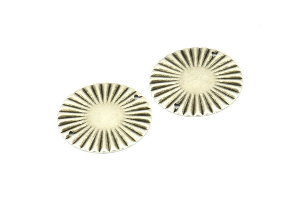 Silver Sun Connector, 10 Antique Silver Plated Brass Round with 2 Holes Connectors (25mm) A0103 H1388