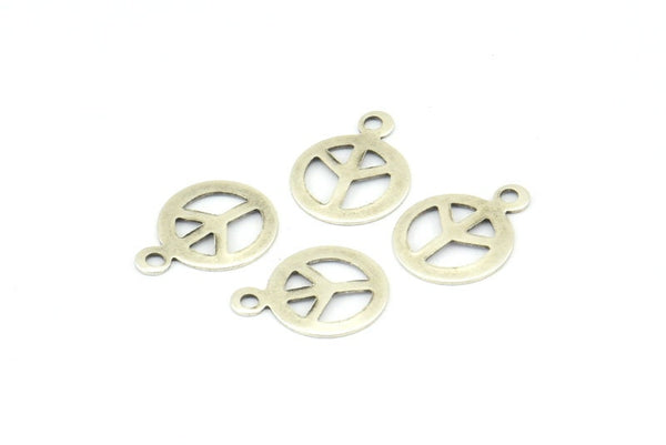 Silver Peace Charm, 50 Antique Silver Plated Brass Peace Sign Charms With 1 Loop (10mm) A0233