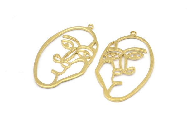 Brass Face Charm, 10 Raw Brass Face Charms With 1 Loop, Pendants, Earrings, Findings (40x22x1mm) D0626
