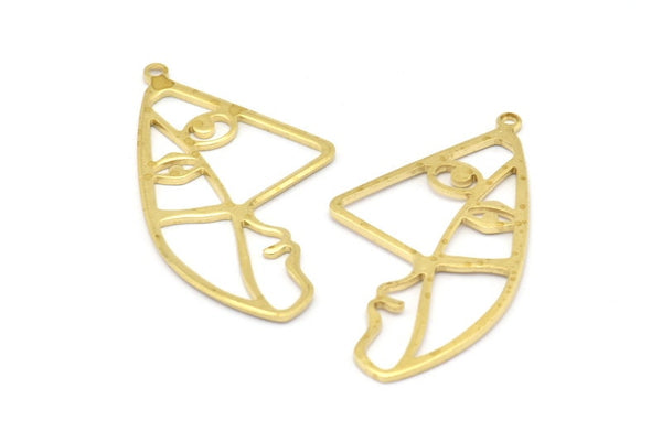 Brass Face Charm, 10 Raw Brass Face Charms With 1 Loop, Pendants, Earrings, Findings (39x20x1mm) D0637