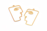 Gold Face Charm, 4 Gold Plated Brass Face Shaped Charms With 1 Loop (40x22x1mm) D0558