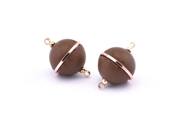 Brass Ball Charm, 2 Lamb Leather Covered Brass Ball Connectors With 2 Loops, Earrings, Pendants, Findings (23x16mm) B26