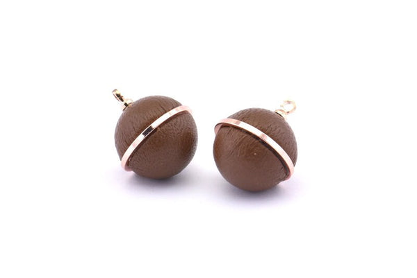 Brass Ball Charm, 2 Lamb Leather Covered Brass Ball Connectors With 1 Loop, Earrings, Pendants, Findings (19x16mm) B26
