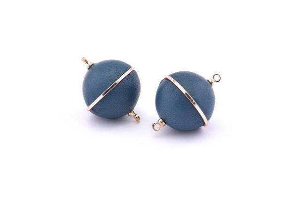 Brass Ball Charm, 2 Lamb Leather Covered Brass Ball Connectors With 2 Loops, Earrings, Pendants, Findings (26x20mm) B27