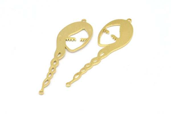 Brass Face Charm, 12 Raw Brass Face Charms With 2 Loops, Pendants, Earrings, Findings (53x16x1mm) D0639