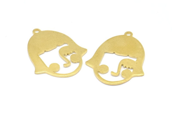 Brass Face Charm, 12 Raw Brass Face Charms With 1 Loop, Pendants, Earrings, Findings (32x25x1mm) D0619