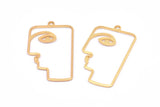 Gold Face Charm, 4 Gold Plated Brass Face Shaped Charms With 1 Loop (40x22x1mm) D0558