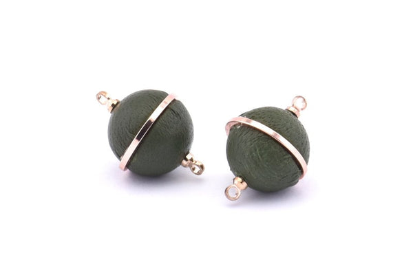 Brass Ball Charm, 2 Lamb Leather Covered Brass Ball Connectors With 2 Loops, Earrings, Pendants, Findings (22x16mm) B26