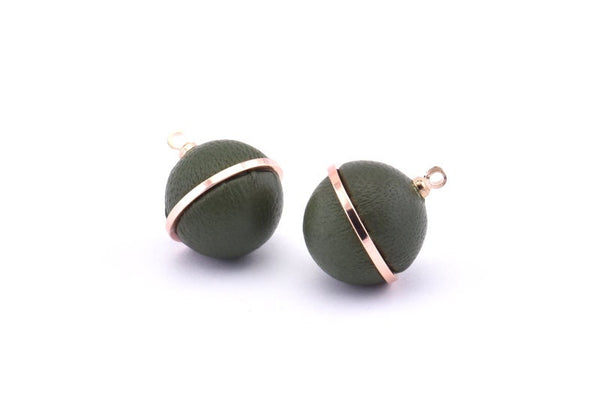 Brass Ball Charm, 2 Lamb Leather Covered Brass Ball Connectors With 1 Loop, Earrings, Pendants, Findings (19x16mm) B26