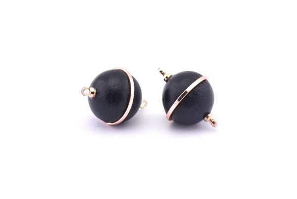 Brass Ball Charm, 2 Lamb Leather Covered Brass Ball Connectors With 2 Loops, Earrings, Pendants, Findings (23x16mm) B26