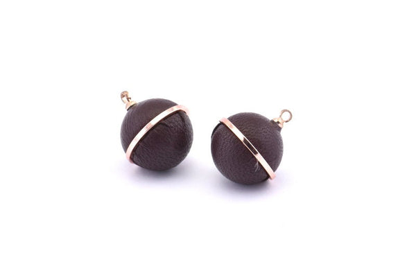 Brass Ball Charm, 2 Lamb Leather Covered Brass Ball Connectors With 1 Loop, Earrings, Pendants, Findings (19x16mm) B26